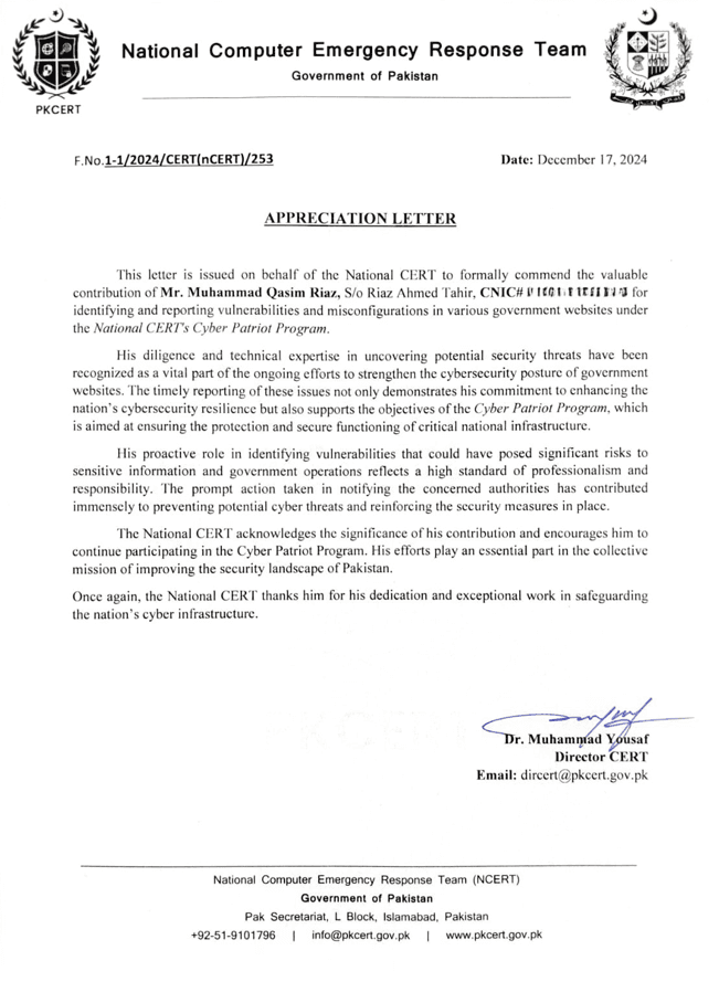 National CERT appreciation letter for Muhammad Qasim Riaz