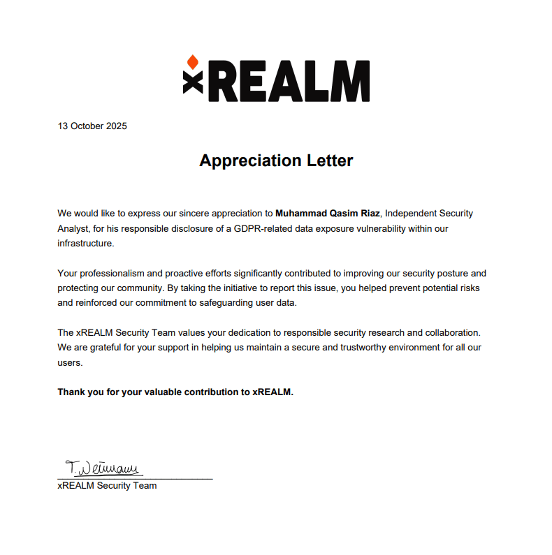 REALM appreciation letter for Muhammad Qasim Riaz, independent security analyst